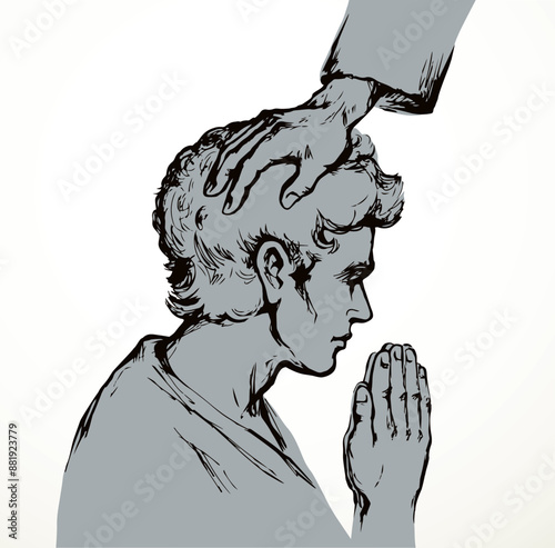 Prayer of blessing and laying on of hands. Vector drawing