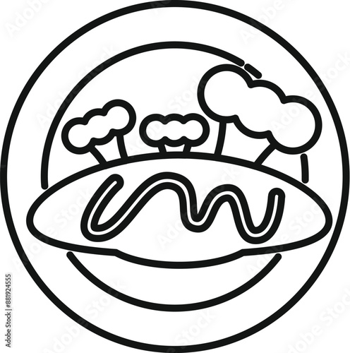 Line art style illustration of broccoli trees growing from a loaf of bread on a plate symbolizing healthy food and veganism