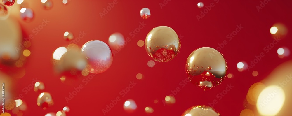 Christmas gold baubles falling on red background. Christmas and New Year festive concept. Template for greeting card, invitation, banner with copy space.