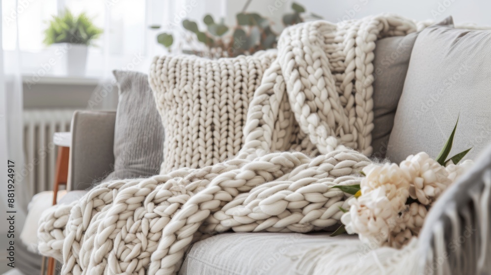 Chunky Knit Blanket and Pillow on a Modern Gray Sofa Chunky Knit Blanket and Pillow on a Modern Gray Sofa