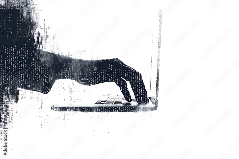 Hand on a laptop made from binary code on a white background in a wireframe plexus style, symbolizing the intersection of technology and human interaction Hand on a laptop made from binary code on a white background in a wireframe plexus style, symbolizing the intersection of technology and human interaction