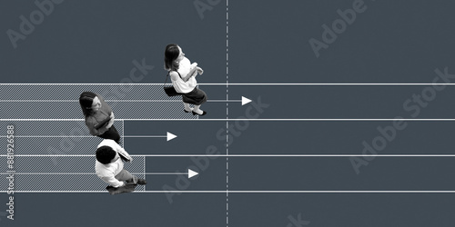 Business professionals walking along parallel lines with arrows pointing forward. Progress, coordinated efforts towards common goals in professional environment. Conceptual minimalistic design.