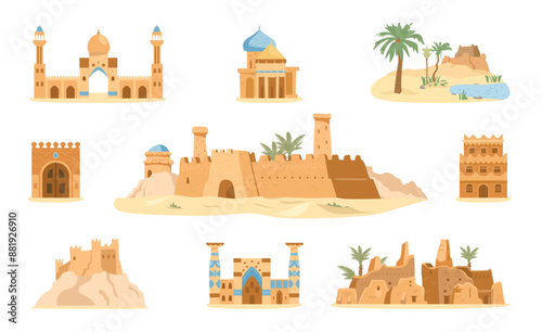 Arabian authentic architecture and desert scenes vector illustrations set. Traditional ancient Arabian houses, village, castle, mosque, gates, scenery.