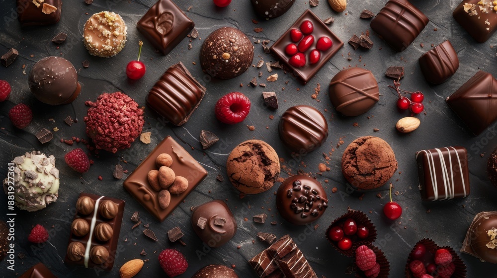 variety of chocolates in a flat lay on a dark background variety of chocolates in a flat lay on a dark background