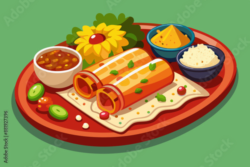 A detailed illustration of a Mexican food platter with enchiladas, rice, and beans, vector illustration 