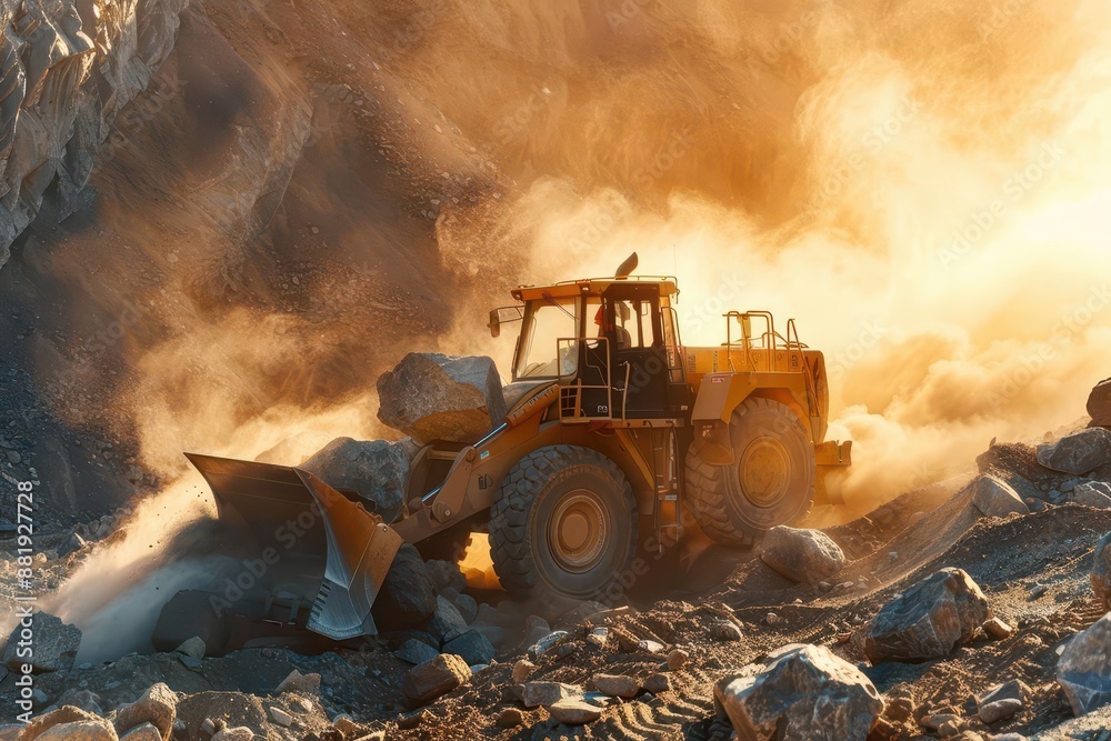 powerful bulldozer moving massive boulders at a construction site kicking up dust in dramatic lighting the machines yellow paint contrasts sharply with the rugged terrain powerful bulldozer moving massive boulders at a construction site kicking up dust in dramatic lighting the machines yellow paint contrasts sharply with the rugged terrain