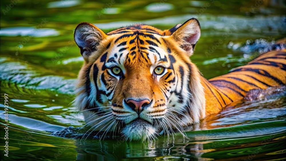 Fototapeta premium Tiger swimming gracefully in the water, wildlife, predator, endangered species, powerful, majestic, feline, carnivore, hunter