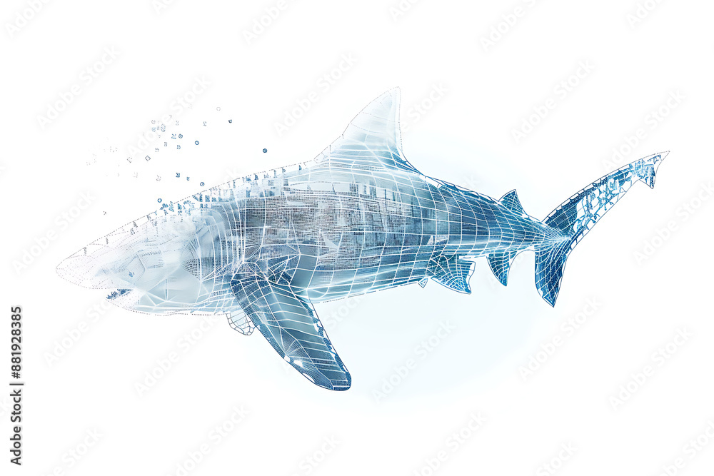 Shark made from binary code on a white background in a wireframe plexus style, combining elements of technology and marine life art Shark made from binary code on a white background in a wireframe plexus style, combining elements of technology and marine life art