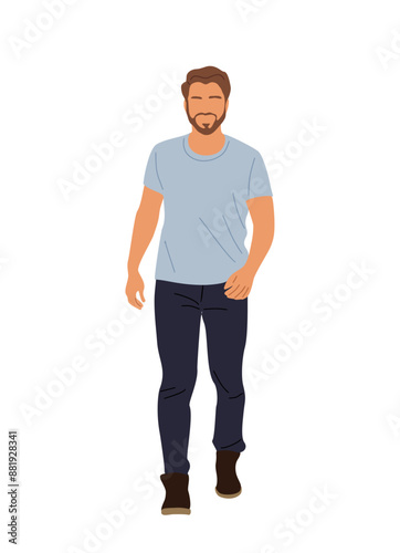 Casual man character walking front view. Handsome bearded guy in blue t-shirt, dark jeans, boots. Vector realistic illustration isolated on transparent background.