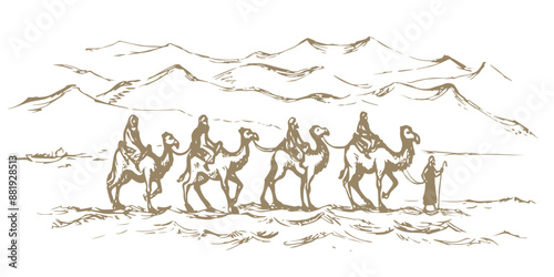 Camel caravan travels. Vector drawing