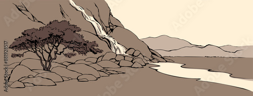 Vector landscape. Tree near a mountain stream