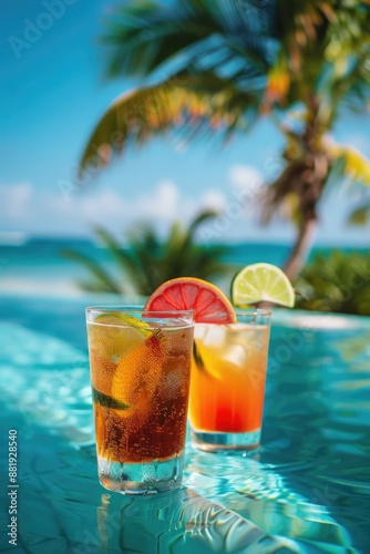 Two glasses of drinks sitting on a table next to a pool, perfect for a summer day or evening