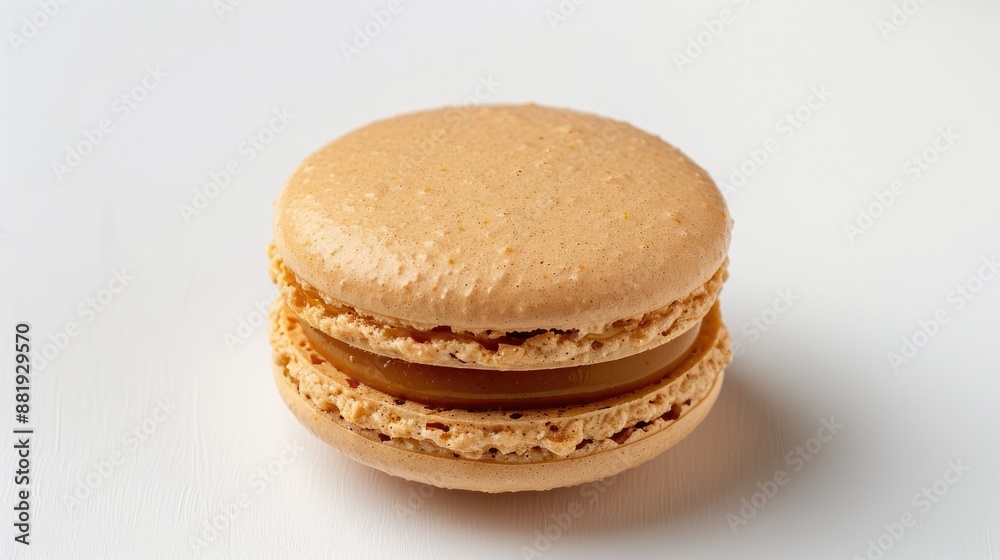 Close-up of a single French caramel macaroon on white background. Elegant and delicious sweet treat. Gourmet pastry concept Close-up of a single French caramel macaroon on white background. Elegant and delicious sweet treat. Gourmet pastry concept