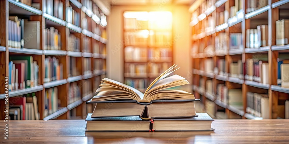 Open book resting on a stack of books in a serene library setting during quiet study hours, education, reading Open book resting on a stack of books in a serene library setting during quiet study hours, education, reading