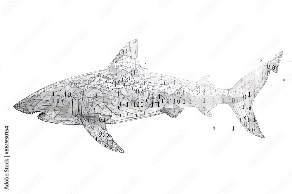 Shark made from binary code on a white background in a wireframe plexus style, blending technology and marine life artfully Shark made from binary code on a white background in a wireframe plexus style, blending technology and marine life artfully