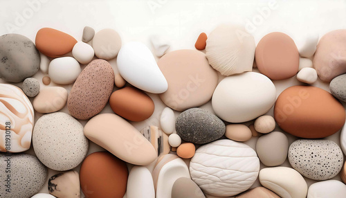 Closeup of several colorful Easter eggs, some broken on the beach sand revealing bright yellow yolks photo