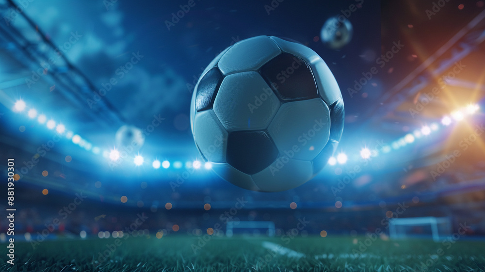 Naklejka premium a soccer ball flying in the air on a soccer field stadium