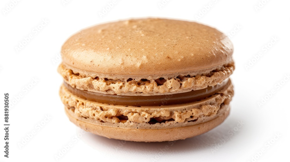 Detailed macro view of a caramel macaroon, isolated on white background. French gourmet dessert concept. Close-up shot Detailed macro view of a caramel macaroon, isolated on white background. French gourmet dessert concept. Close-up shot
