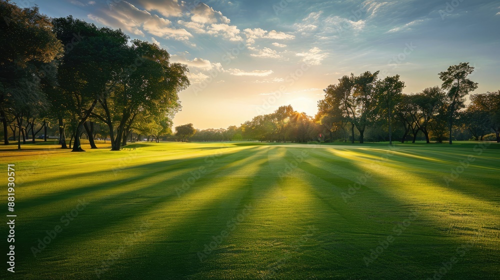 Empty teeing ground on a golf course with a stunning sunrise casting long shadows Empty teeing ground on a golf course with a stunning sunrise casting long shadows