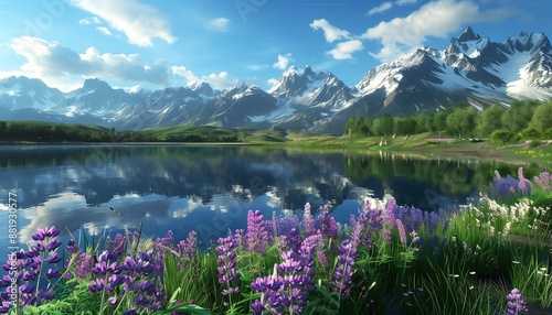 lake and mountains with flower landscape view 