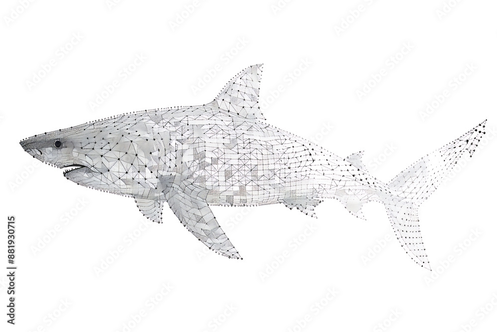Fototapeta premium Shark made from binary code on a white background in a wireframe plexus style, blending technology and marine life artfully