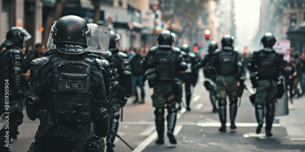 Group of police officers walking down the street, ready to serve and protect