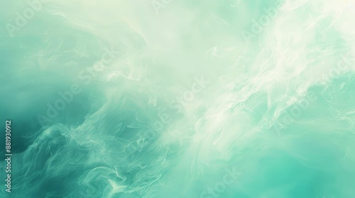Smooth gradient of turquoise and mint green swirling cloud-like textures and soft ethereal glows create a serene backdrop