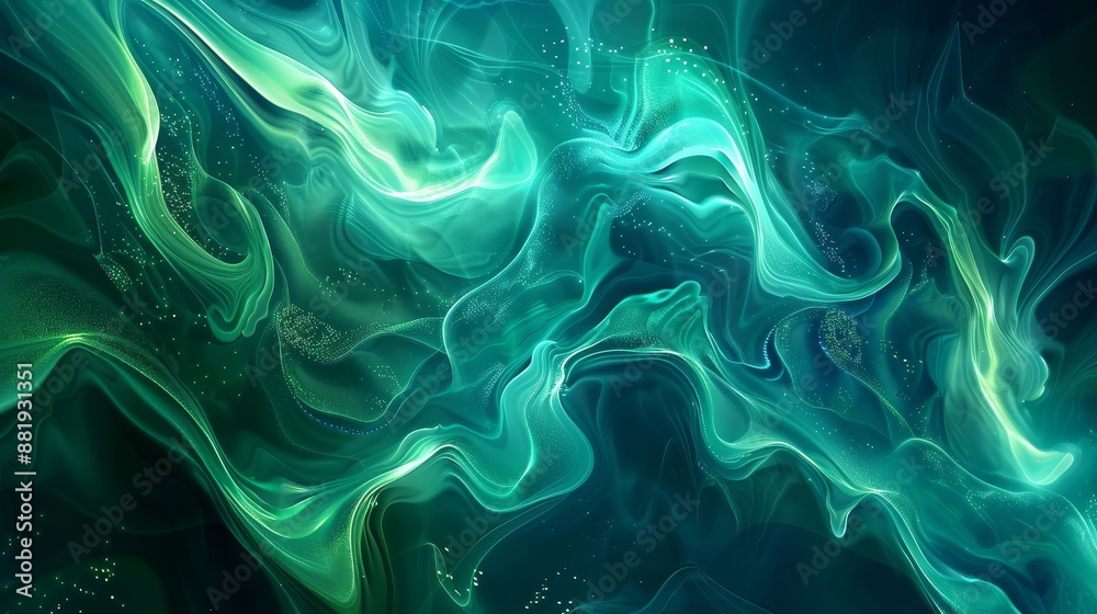 Abstract wallpaper with fluid wave-like patterns in teal and lime highlighted by glowing light effects and swirling textures Abstract wallpaper with fluid wave-like patterns in teal and lime highlighted by glowing light effects and swirling textures