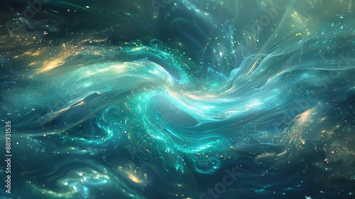 Abstract wallpaper featuring swirling fluid patterns in cyan and jade glowing highlights and floating particles