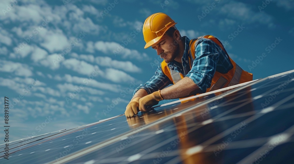 technician installing solar panel on the roof reastic style