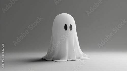 White Ghost With Black Eyes Standing on Gray Background