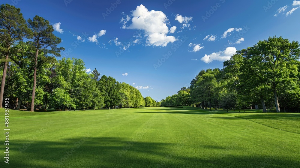 Golf course fairway with vibrant green grass, framed by mature trees and blue skies Golf course fairway with vibrant green grass, framed by mature trees and blue skies