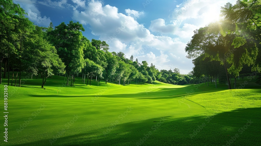 Golf fairway landscape with lush green grass and surrounding trees on a bright day Golf fairway landscape with lush green grass and surrounding trees on a bright day