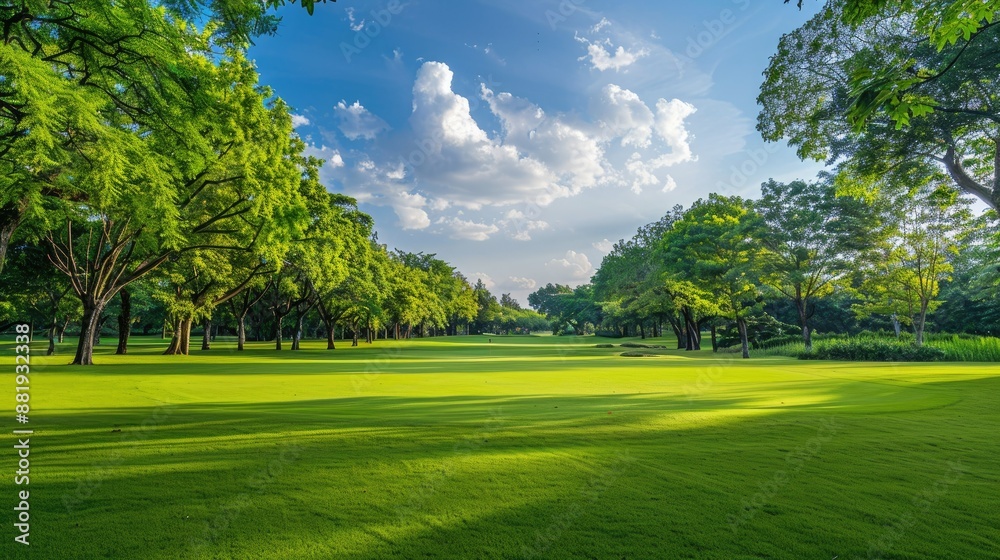 Golf fairway with lush green grass and tree-lined edges on a bright sunny day Golf fairway with lush green grass and tree-lined edges on a bright sunny day