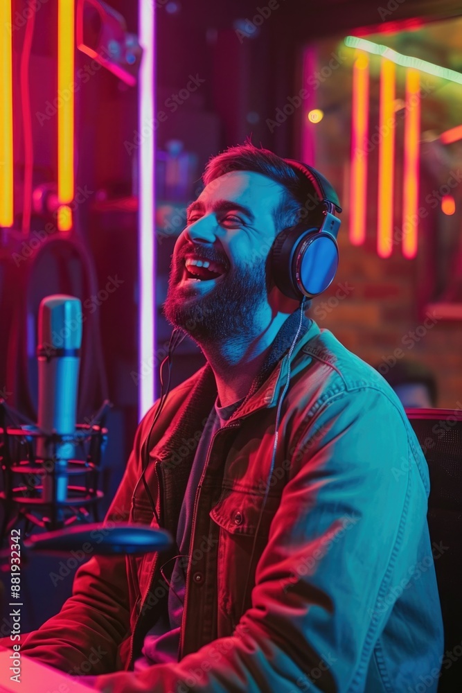 A musician prepares to record in a studio setting, wearing headphones and seated at a microphone A musician prepares to record in a studio setting, wearing headphones and seated at a microphone