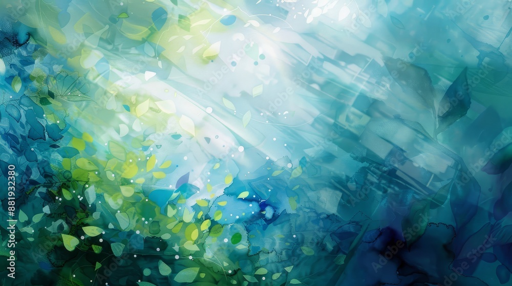 Vibrant abstract design in blue green and white with blurred leaf and water textures accented by light beams and shimmering points for a natural feel Vibrant abstract design in blue green and white with blurred leaf and water textures accented by light beams and shimmering points for a natural feel