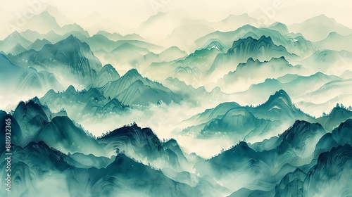 Misty Mountain Landscape, Watercolor Style.