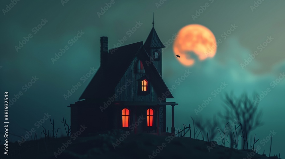 Fototapeta premium A Haunted House Silhouetted Against a Full Moon in the Night