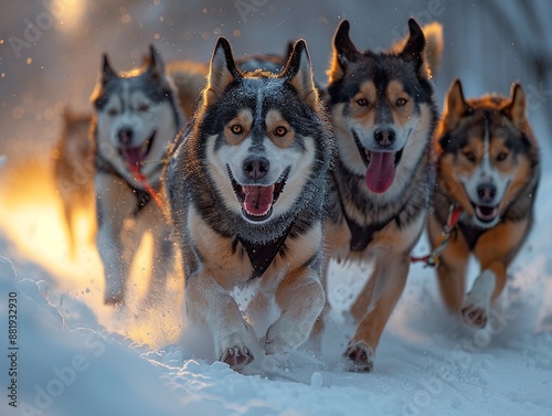 Energetic Siberian Huskies in action, leading a sled across a snow-covered trail