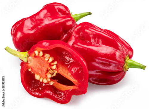Photos Red habaneros and cross cut of pepper isolated on white background