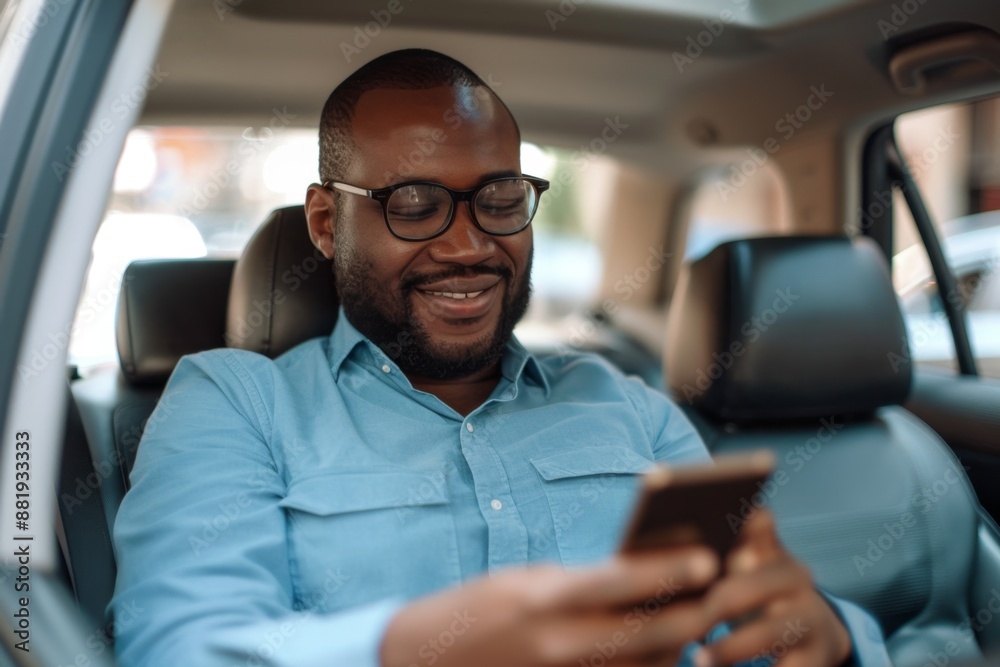 Man in car smiling while looking at phone. Casual setting. Simple and clear photo for stock use. Ideal for illustrating mobile phone usage, relaxation, and travel themes. Generative AI Man in car smiling while looking at phone. Casual setting. Simple and clear photo for stock use. Ideal for illustrating mobile phone usage, relaxation, and travel themes. Generative AI