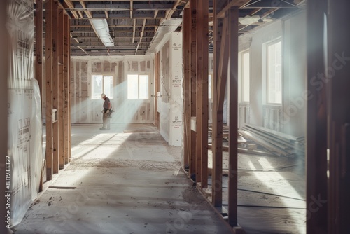 Worker installing plasterboard (drywall) for gypsum and tape in walls in apartment basement or home under construction, remodeling, renovation, extension, restoration and reconstruction.