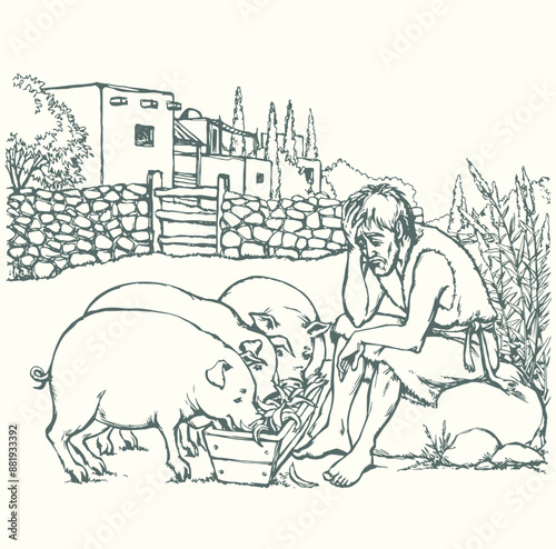 Vector drawing. A sad man and pigs