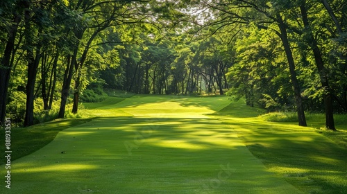 Lush green fairway on a golf course with surrounding trees on a sunny day