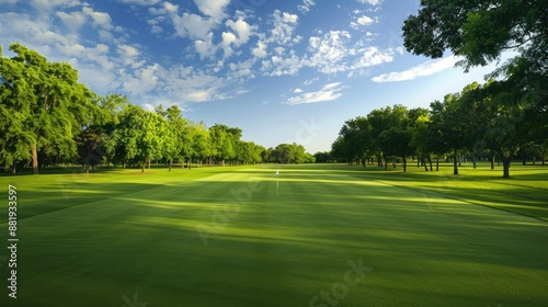 Lush green fairway on a golf course with tree-lined edges and clear blue skies