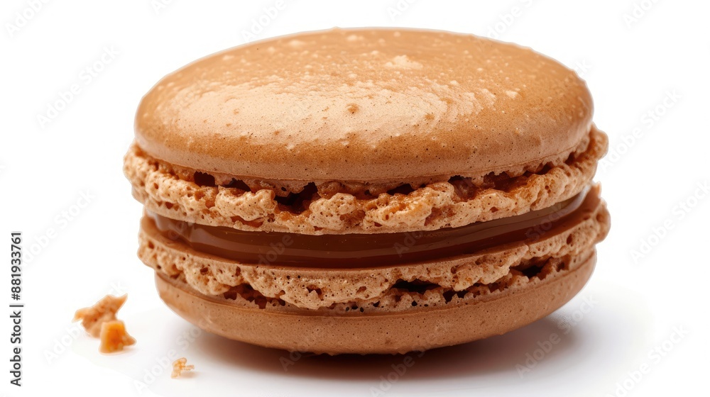 Macro photo of a caramel macaroon, isolated on white background. Sweet and flavorful French pastry close-up. Gourmet dessert Macro photo of a caramel macaroon, isolated on white background. Sweet and flavorful French pastry close-up. Gourmet dessert