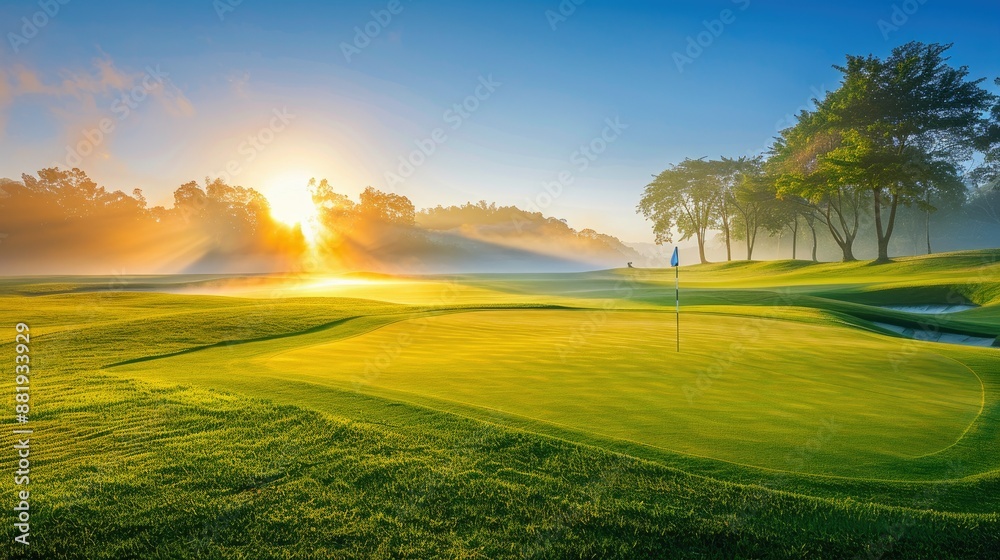 Morning glory on a golf course teeing ground, with the sun rising and lighting up the fairway