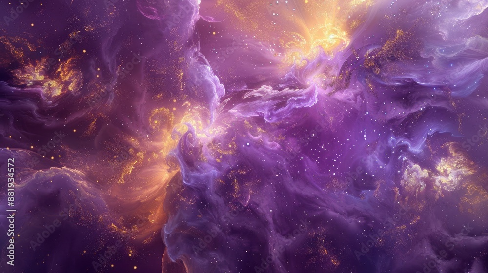 Celestial purple and gold backdrop with swirling shapes and starbursts Celestial purple and gold backdrop with swirling shapes and starbursts