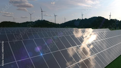 animation of the construction of photovoltaic systems and wind turbines, wind turbine park with rising sun in the background.