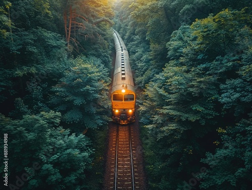 Green travel concept: eco-friendly train winding its way through serene forest landscapes